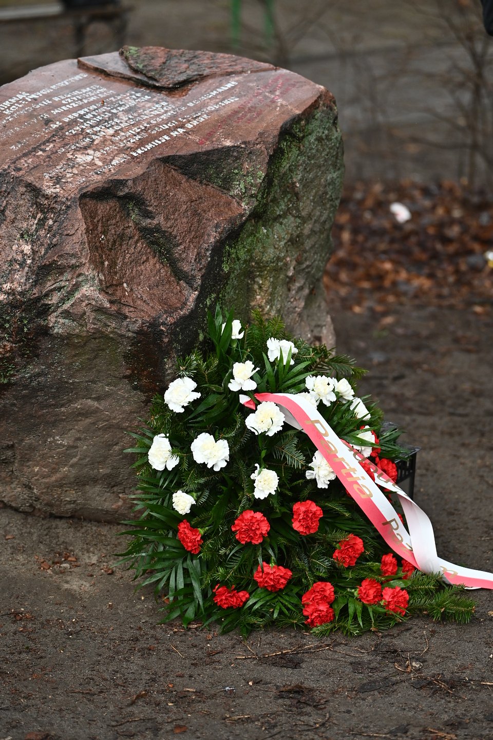 Na zdjęciu widzimy pomnik upamiętniający Jolantę Brzeską – wielką postać ruchu lokatorskiego, która padła ofiarą bezwzględnej walki o reprywatyzowane mieszkania. Pomnik wykonany z czerwonego kamienia, na którym wygrawerowano inskrypcję, jest pokryty śladami czasu – mchami i naturalnymi przebarwieniami.  U stóp pomnika złożono wieniec w barwach narodowych, z przewagą czerwonych i białych goździków oraz białą wstęgą z czerwonym napisem „Partia Razem”. To symboliczny gest pamięci i hołdu, wyrażający solidarność ze wszystkimi, którzy doświadczyli krzywdy w wyniku dzikiej reprywatyzacji i bezdusznych działań „czyścicieli kamienic”.  Pomnik i kwiaty tworzą wspólnie niemą opowieść o godności, walce i stracie, przypominając, że pamięć o Jolancie Brzeskiej żyje i domaga się sprawiedliwości.